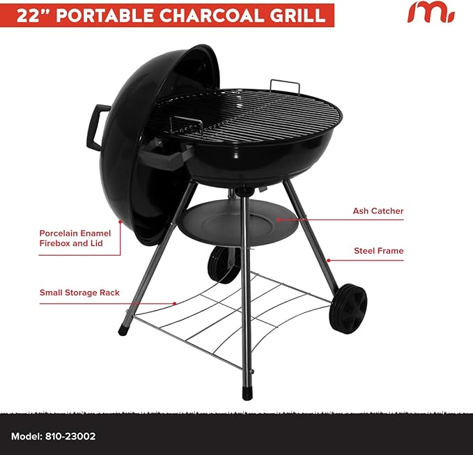 Megamaster 22" Heavy Duty Charcoal Barbecue Grill with Adjustable Air Vent, 354 SQ. In Cooking Area, Storage Rack, 2 Wheeled Portable Grill for Camping, Outdoor Cooking, and More - 810-23002