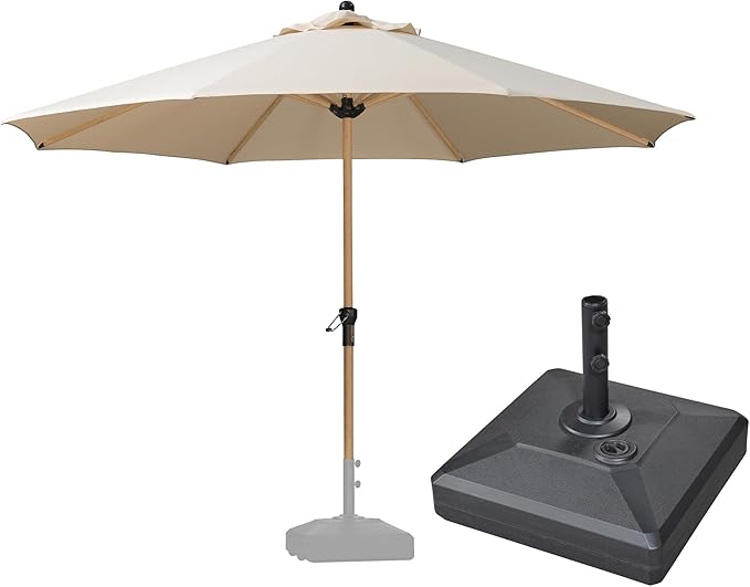 PURPLE LEAF 11 Feet Patio Umbrella with Base Outdoor Umbrella Round Market Umbrella with Crank & 8 Ribs Commercial Aluminum Table Umbrella for Outdoor Garden, Beige