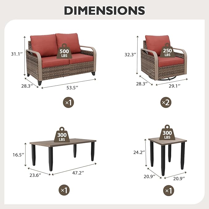 EAGLE PEAK Modern Wicker Outdoor Patio Furniture Set, Patio Conversation Set, 2 Swivel Rocking Chairs, 2-Seat Loveseat, Coffee Table and Side Table, 5 Pieces, Brown/Red