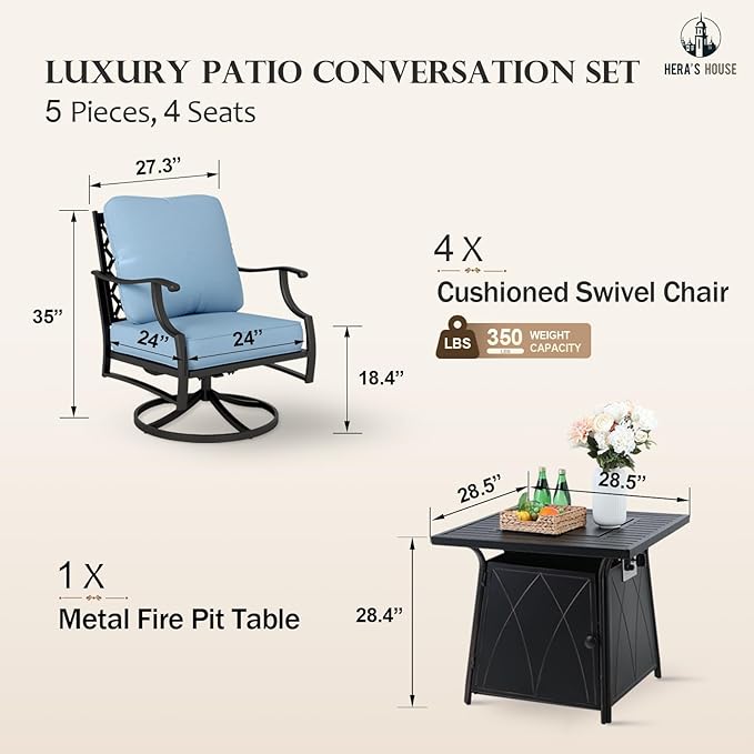 HERA'S HOUSE 5 Pieces Fire Pit Patio Furniture Set, 4 x Thick Cushioned Swivel Chairs with 28" Fire Pit Table (50,000 BTU), Outdoor Conversation Set for Garden, Backyard, Lawn, Blue