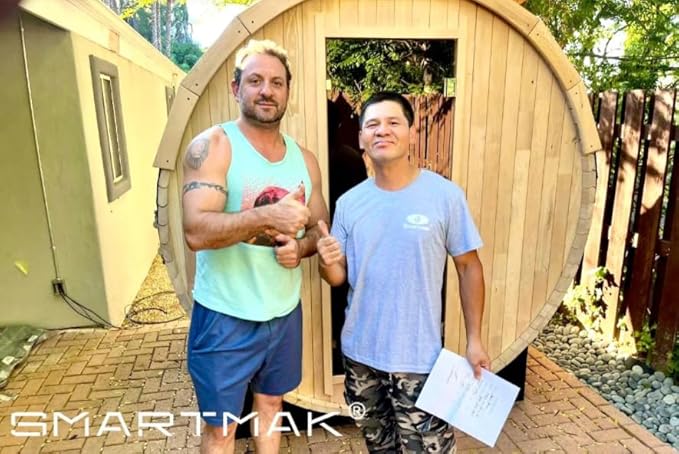 Smartmak Outdoor Wood Barrel Sauna Room, 6 Person Canadian Hemlock Traditional Wooden Steam Saunas with Canopy, 220V Steam Spa with 6kw Heater, Rocks, Water Bucket, Spoon, Light,195℉