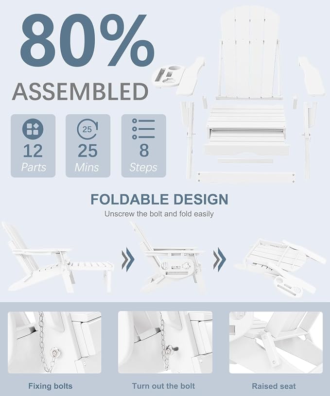 Adjustable Adirondack Chair with Retractable Ottoman, HDPE Folding Adirondack Chair with Cup Holder, All Weather Fire Pit Chair for Outdoor