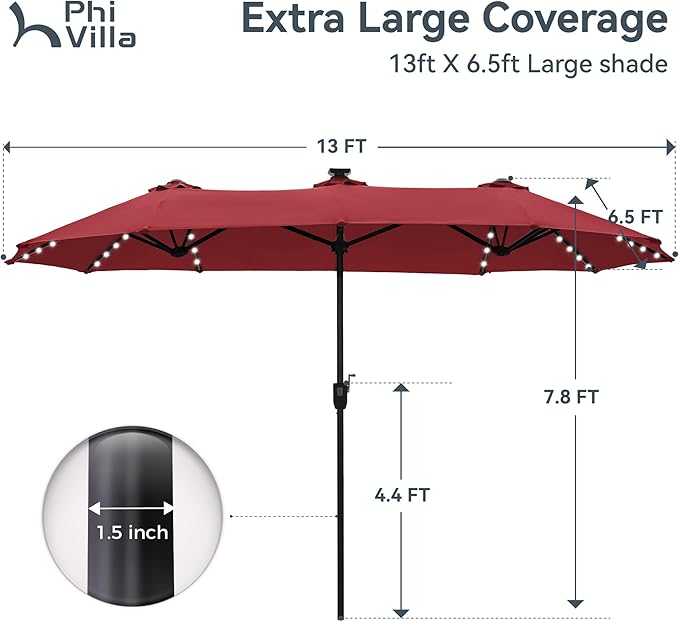 PHI VILLA 13ft Patio Umbrella with Solar-Powered 120 PCS LED Color-Changing Lights, Triple-Head Large Rectangle Umbrella Outdoor Patio for Table with Crank Lift,Red(No Base)