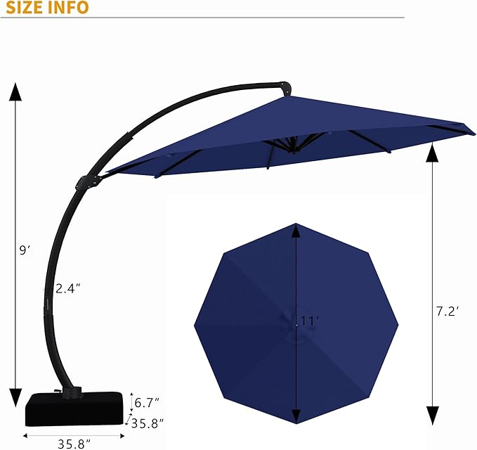 Kingdura 12ft Cantilever Patio Umbrella with Base Included, Large Round Offset Outdoor Pool Umbrella, 360° Rotation & Infinite Tilt, Heavy Duty Aluminum Frame for Deck Backyard, Navy blue