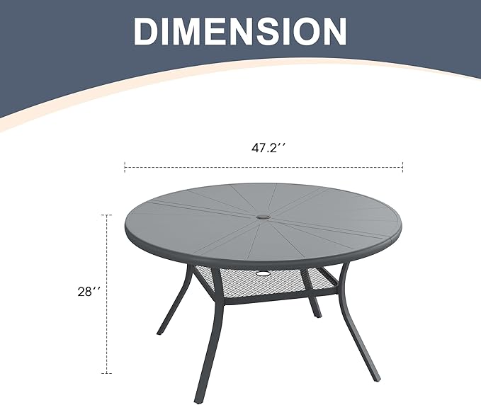 VICLLAX Round Patio Dining Table, 4-6 Person Aluminum Outdoor Dining Table with Umbrella Hole and Storage Shelf for Garden Lawn Deck, 47.2" Dark Grey
