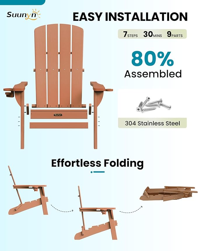 Folding Adirondack Chair 4 Pack, HDPE All-Weather Fire Pit Chairs, Plastic Adirondack Chairs with 2 Cup Holder, Outdoor Lawn Chair for Patio Garden (Teak)