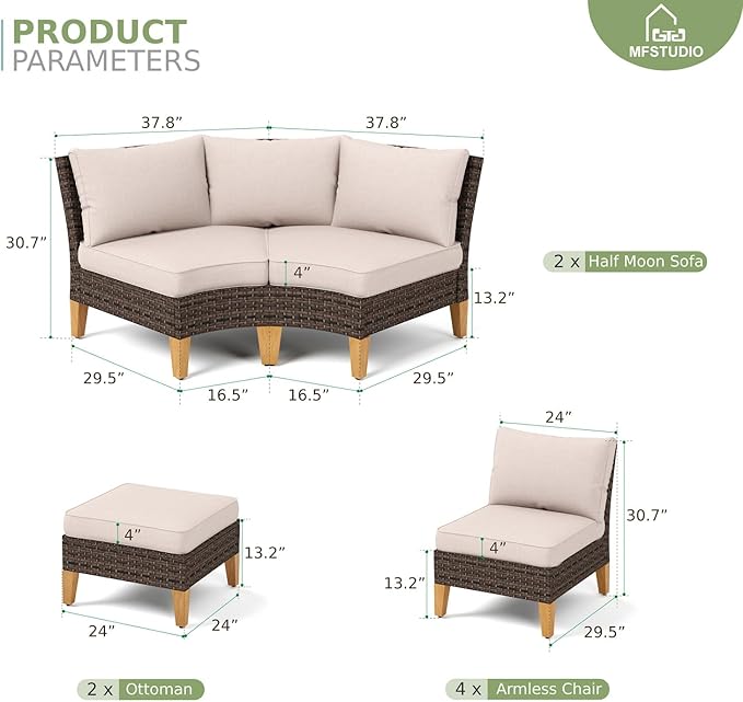 MFSTUDIO 10 Pieces Extra Large Wicker Patio Furniture Set, Rattan Outdoor Conversation Half-Moon Sectional Patio Set, 4 x Curved Couch, 4 x Armless Sofa, 2 x Ottoman(Beige Cushion)