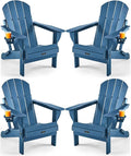 Ciokea Folding Adirondack Chair 4 Pack, Patio Adirondack Chair Weather Resistant, Plastic Fire Pit Chair with Cup Holder, Lawn Chair for Outdoor Porch Garden Backyard Deck (Royal Blue)