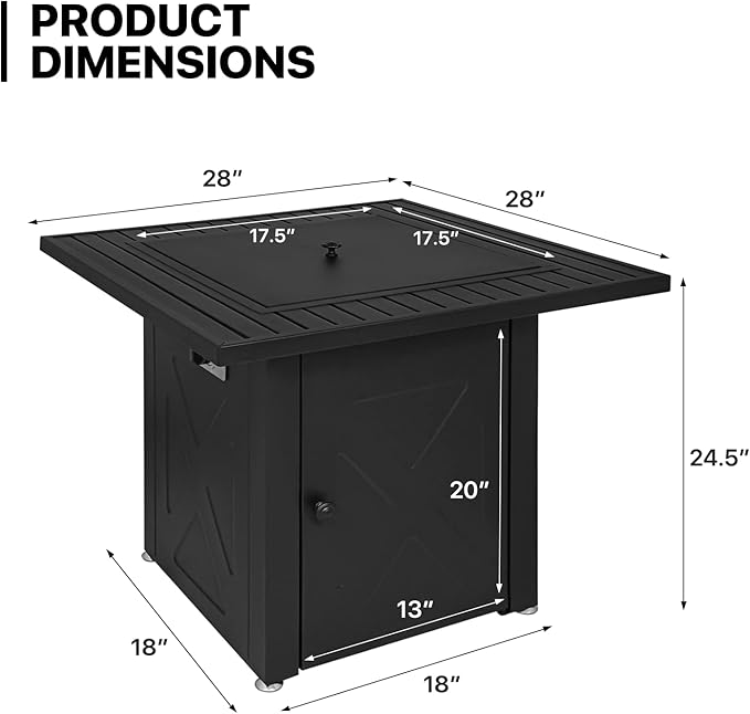 MoNiBloom 28 in Square Propane Fire Pits Table, 50000 BTU Outside Dinning Propane Outdoor Fire Pit Table Top with Lid, for Patio Deck Garden Backyard,Black