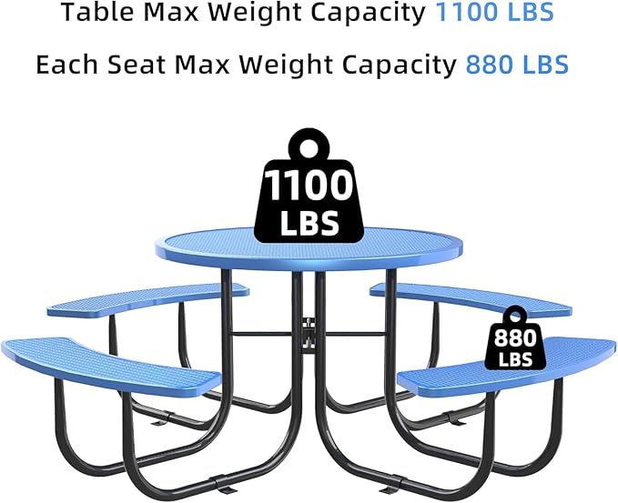dafrigic 46" Round All Weather Resistant Commercial Picnic Table for Outdoors, Heavy Duty Picnic Table up to 4600 lbs with Umbrella Hole for School, Warehouse, Coffee Shop, Blue