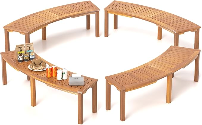 RELAX4LIFE Wooden Outdoor Curved Bench - Acacia Wood Garden Bench w/Slatted Seat, 2-Person Outside Backless Seating for Porch Backyard Deck Park, 800 LBS Load Capacity, Patio Fire Pit Bench (4, 58'')