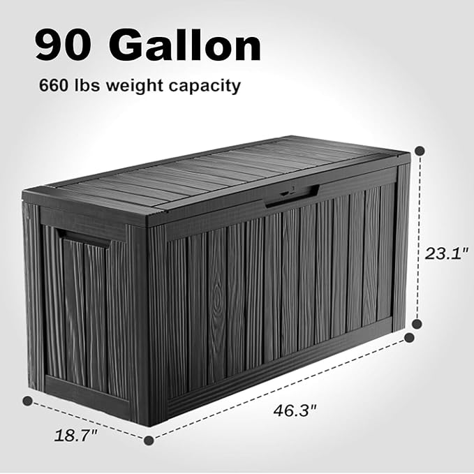 Vixzen 90 Gallon Resin Deck Box, Lockable Outdoor Storage Box for Patio Cushions Storage Furniture,Garden Tools, Pool Supplies, Weatherproof and UV Resistant,Black