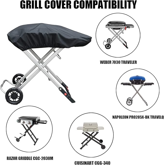 TOHONFOO Grill Cover for Weber 9010001 Traveler Portable Gas Grill - Heavy Duty Waterproof 600D Oxford Fabric and Adjustable Hem Grill Cover