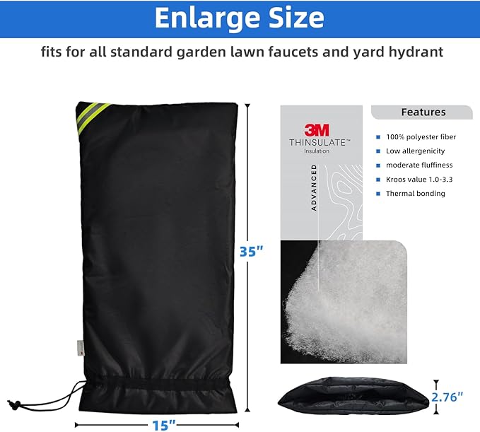 3M Thinsulate Outdoor Faucet Covers for Winter Freeze Protection, Thicker Waterproof Insulation Long Winter Sock for Outdoor Sprinkler Yard Hydrant Hose Bib Insulated Spigot Covers Black 15" x 35"