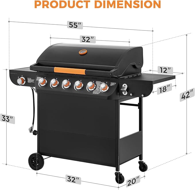 Lyromix 6 Burner Propane Gas Grill with Side Burner, Gas BBQ Grills With Porcelain-Enameled Cast Iron Grates and Bottle Opener, Grill for Outdoor Cooking, Patios, Backyards, 72000BTU