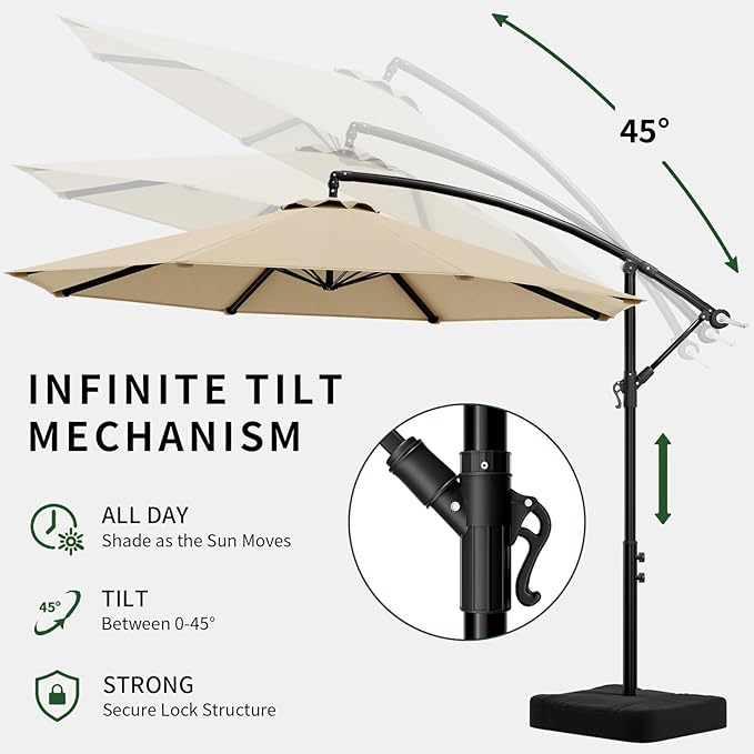 OLILAWN 10ft Patio Umbrella with Base Included, Christmas Outdoor Offset Cantilever Umbrella Upgraded Yarn-dyed Fabric Shade, Sturdy 8 Rids, Easy Tilt Adjustment, for Pool Deck Porch Backyard Garden,Beige