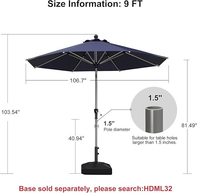 PURPLE LEAF 9' Round Patio Umbrella with Tilt Adjustment, Outdoor Table Umbrella Champagne Aluminum Frame, Market Umbrella Pool Umbrella for Deck Garden, Patio, or Poolside