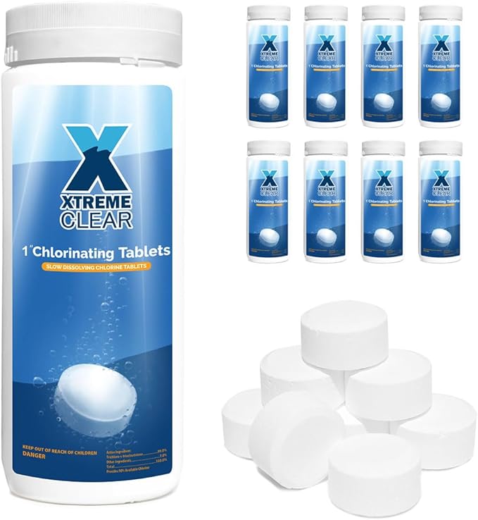 XtremepowerUS XtremeClear SuperDeal 9 Pack 1.5lbs Bottle 1" Chlorine Tablets Bottle 1.5 lbs Chlorinating Tabs for Swimming Pools, Spa, Hot Tubs, Small Pool, Slow Dissolving, 9 Pack