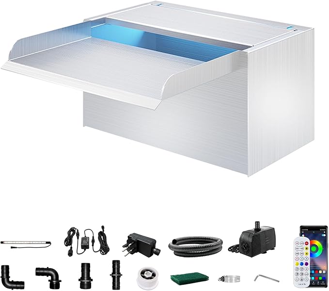 Longrun Pond Waterfall Box with Pump Kit, 304 Stainless Steel Pond Spillway with 396 GPH 1500L/H Pump for Ponds, Pond Spillway Color-Changing LED Light Strip for Garden Waterfall (9.06")