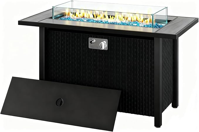 JAMFLY 45 Inch Propane Fire Pit Table, 50,000 BTU Outdoor Gas Firepit Table for Outside Patio, Glass Wind Guard, Blue Glass Rocks,Waterproof Cover, Grey