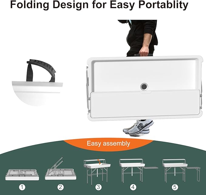 IWDOO Two Tier Ice Cooler Table with Foldable Extension Stand, 4 Foot Outdoor Ice Table with Matching Skirt & Drain Hose, Folding Cooler Server with Metal Shelf for Party, BBQ, Camping Picnic, White
