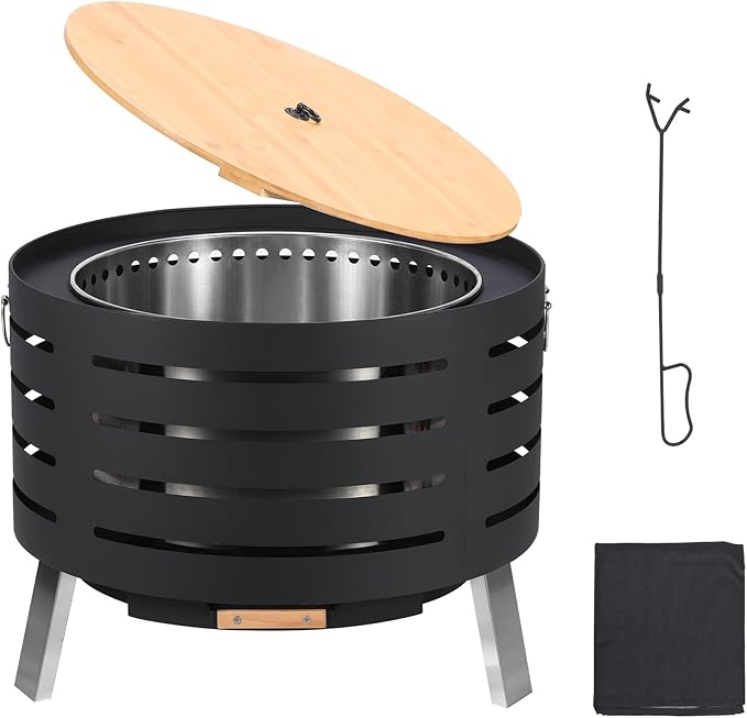 26 Inch Smokeless Fire Pit, Large Outdoor Wood Burning Firepit with Removable Ash Pan & Waterproof Cover, Fire Poker, Lid, Portable Fire Pits for Outdoor Patio, Bonfire, Camping, Backyard