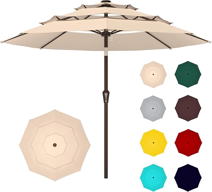 Ayge 9FT 3-Tier Large Outdoor Patio Umbrella Market Table Umbrella-UV Resistant,Easy Push Button Tilt and Crank,8 Sturdy Fiberglass Ribs Heavy-Duty Pool Umbrella for Deck,Backyard,Garden,Yard,Beige