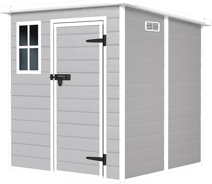 Outdoor Storage Shed 6x6 FT, Resin Lean to Shed with Floor, Window, Lockable Door, Waterproof Outside Sheds Patio Furniture Tool Shed for Bike, Garbage Can, Lawn Mower (Grey, 6 * 6ft)