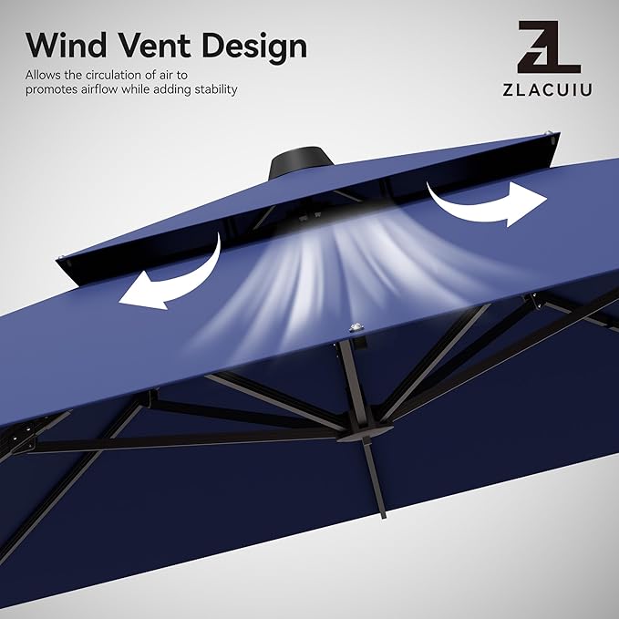 9x12FT Navy Cantilever Outdoor Patio Umbrella with Base, Large Rectangular Offset Design, Double Top Heavy Duty Aluminum Frame & 360° Rotation for Pool Garden Deck Backyard