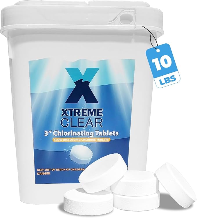 Xtremeclear 3-Inch Chlorine Tablets 99% Pure Tri-Chlor for Swimming Pools Spa Hot Tub 10lbs Bucket - Individually Wrapped Stabilized Sanitizer Slow Dissolving