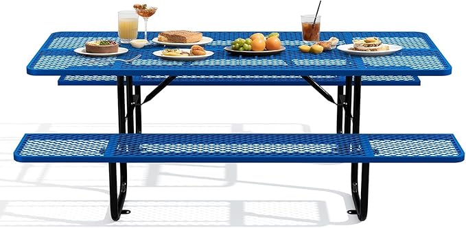 KUFUH 72" Coated Round Metal Picnic Table for 4-6 Person, Durable Heavy Duty Commercial Picnic Table with Umbrella Hole for Outdoor Coffee Shop, School, Easy to Install, Blue