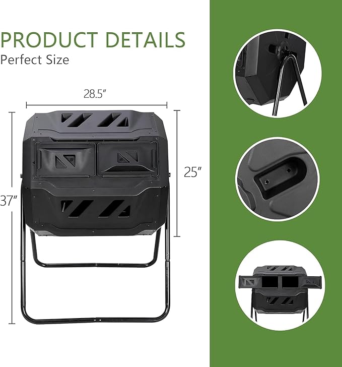 Saicool 43 Gallon Large Composting Tumbler Dual Chamber Outdoor Garden Rotating Compost Bin Tumbling Composter with Sliding Door,Black