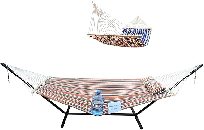 GOCAN Quilted Fabric Double Hammock Won't flip with Stand and Spreader Bars,Safer and Sturdier,Quality Hammocks for Outdoor Indoor Patio Yard Two Sided Dual use red/Blue
