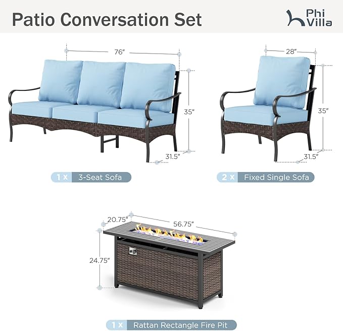 Patio Furniture Set with 56" Fire Pit Table, Premium Outdoor Wicker Metal Frame Furniture with Upgraded Waterproof Thick Cushions for Porch, Poolside, Deck, and Yard （4 Pieces,Blue）