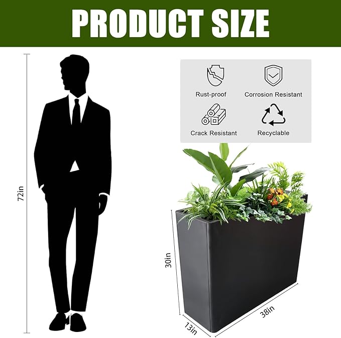 Metal Tall Rectangular Planter,38" L x 13" W x 30" H Black Outdoor Planter with Drainage Holes and Adjustable Balancing Feet for Plants, Flowers, Gardens