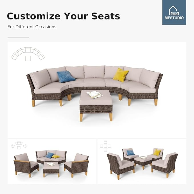 MFSTUDIO 9 Pieces Wicker Patio Furniture Set, All-Weather Rattan Outdoor Conversation Set Half-Moon Curved Patio Sectional Sofa Set for Garden, 4 x Curved Sofa, 1 x Armless Sofa, 4 x Ottomans