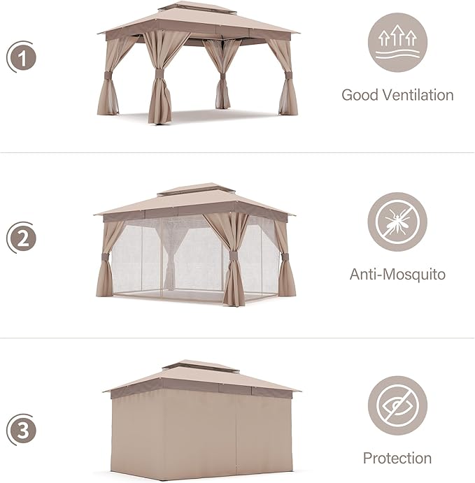 LAUSAINT HOME Outdoor Patio Gazebo 10'x13' with Expansion Bolts, Heavy Duty Party Tent & Shelter with Double Roofs, Mosquito Nettings and Privacy Screens for Backyard (Khaki)