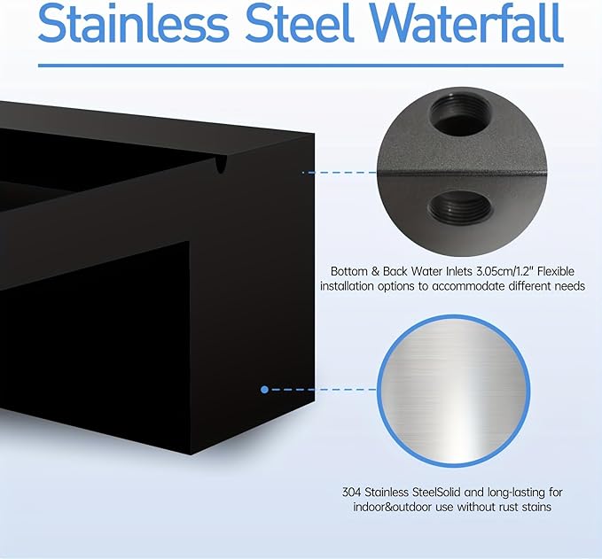 Pool Fountain Stainless Steel Pond Waterfall Spillway Kits for Indoor/Outdoor Decorative, 12 Inches Black Pool Water Feature for Garden Patio, Backyard Koi Pond Decor(No LED Light)