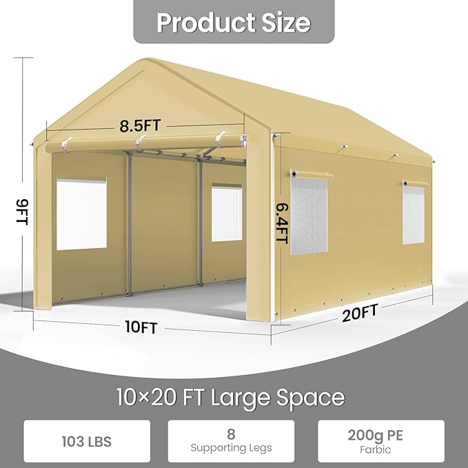 Carport 10x20 Ft, Heavy Duty Car Canopy with Reinforced Ground Bar, Portable Garage with Roll-up Windows and Removable Sidewalls, Galvanized Car Shelter, Large Outdoor Carports (Beige)