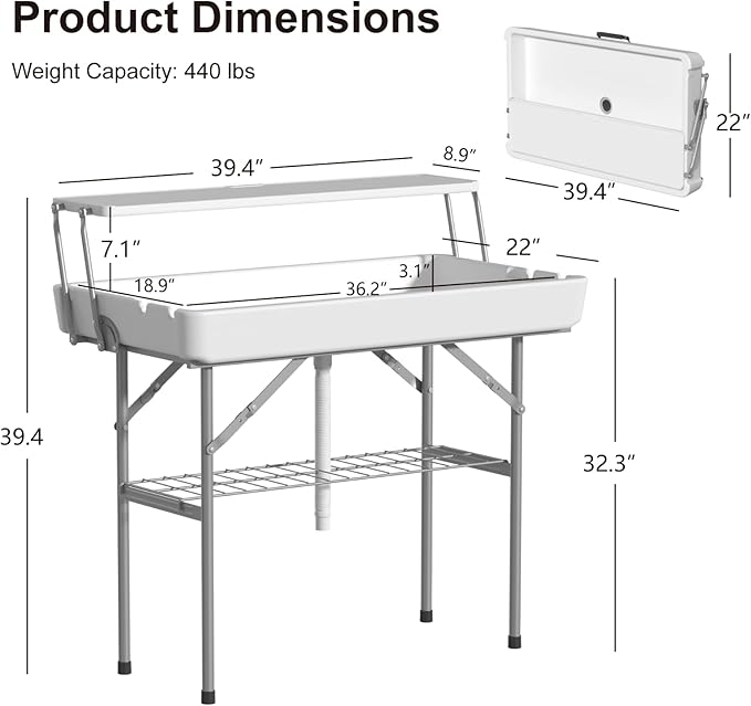IWDOO 2 Tiers 4 Foot Ice Cooler Table, Folding Tailgate Camp Fishing Cleaning with Matching Skirt & Drain Hose, Plastic Ice Table for Party, BBQ, Camping, Picnic, Barbecues to Keep Drinks Cool, White