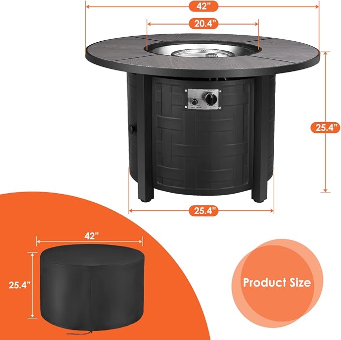 TLGREEN Propane Fire Pit Table 42in, 50,000 BTU Auto-Ignition Round Gas Fire Pits for Outside Patio, Fire Table with Waterproof Cover, Blue Stone and Lid