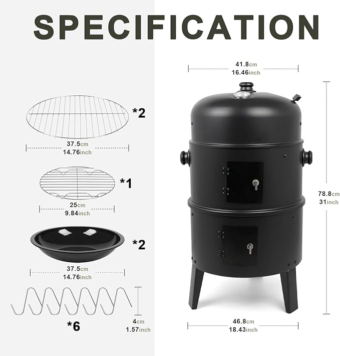 HALNYHYFD Charcoal BBQ Smoker, 16 Inch Heavy Duty Grill with 2 Cooking Area and Thermometer, 4 In 1 Vertical Smokers Grill for Outdoor Camping Backyard Picnic Party