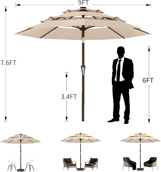 Ayge 9FT 3-Tier Large Outdoor Patio Umbrella Market Table Umbrella-UV Resistant,Easy Push Button Tilt and Crank,8 Sturdy Fiberglass Ribs Heavy-Duty Pool Umbrella for Deck,Backyard,Garden,Yard,Yellow