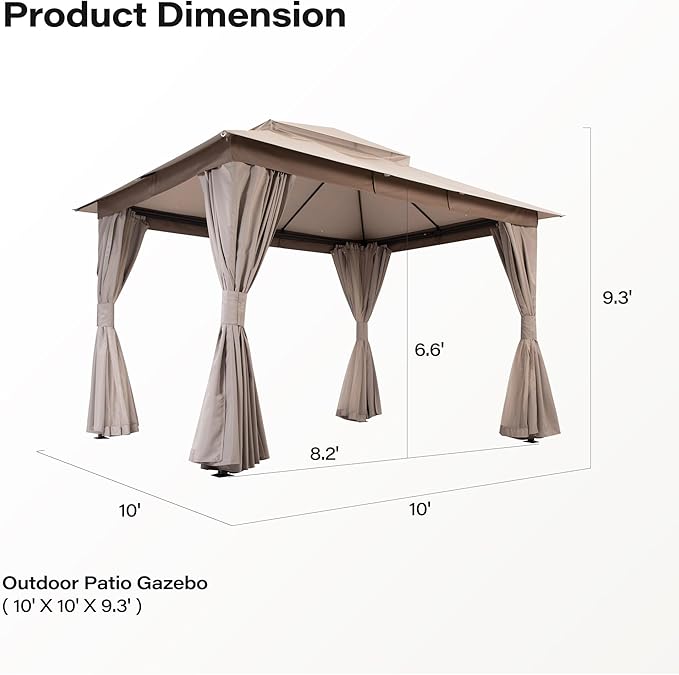 LAUSAINT HOME Gazebo 10x10ft, Heavy Duty Patio Gazebo with Expansion Bolts, Party Canopy Tent with Double Roofs, Mosquito Nettings and Privacy Screens for Backyard, Garden, Lawn, Khaki
