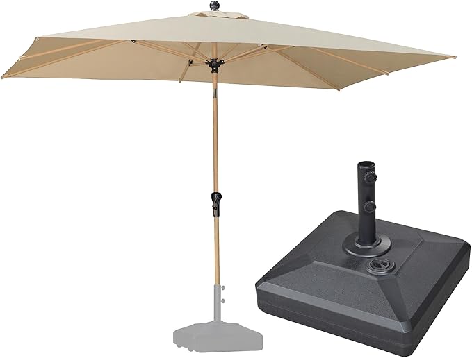 PURPLE LEAF 6.5' x 10' Outdoor Umbrella with Base Patio Umbrella Rectangular Outdoor Table Umbrella with Push Button Tilt & Crank and 8 Ribs Aluminum Market Umbrella for Backyard Deck, Beige