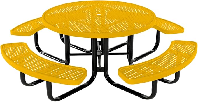 COATEDOUTDOORFURNITURE Heavy-Duty Portable Outdoor Kids Table with Umbrella Hole, Punched Steel Kids Picnic Table, Commercial-Grade, Made in America (46 in, Round, Childrens, Textured Yellow)