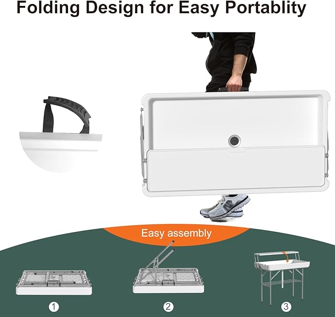 IWDOO Ice Cooler Table with Drain, Two-Tier Plastic Folding Tables, with Removable Matching Skirt and Shelf, Indoor Outdoor Use for Party Camping Picnic Fishing Cleaning, 440 lbs Capacity