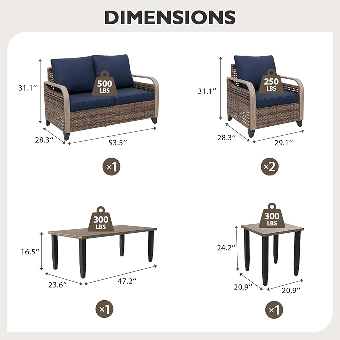 EAGLE PEAK Modern Wicker Outdoor Patio Furniture Set, Patio Conversation Set, 2 Chairs, 2-Seat Loveseat, Coffee Table and Side Table, 5 Pieces, Brown/Blue