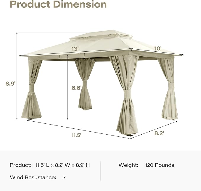 LAUSAINT HOME Gazebo 10x13ft, Heavy Duty Patio Gazebo with Expansion Bolts, Party Canopy Tent with Double Roofs, Mosquito Nettings and Privacy Screens for Backyard, Garden, Lawn, Cream White