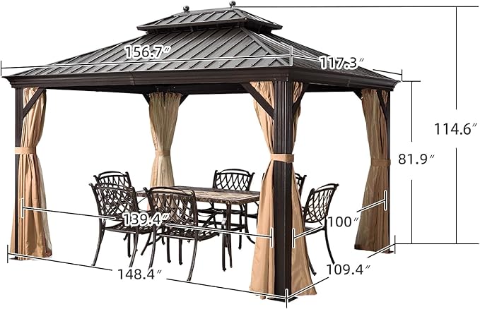 PURPLE LEAF 10' x 13' Hardtop Gazebo with Curtains and Netting for Hot Tub Heavy Duty Deck Beach Pool Backyard Outdoor Canopy Tent Sun Shade Metal Roof Patio Permanent Pavilion